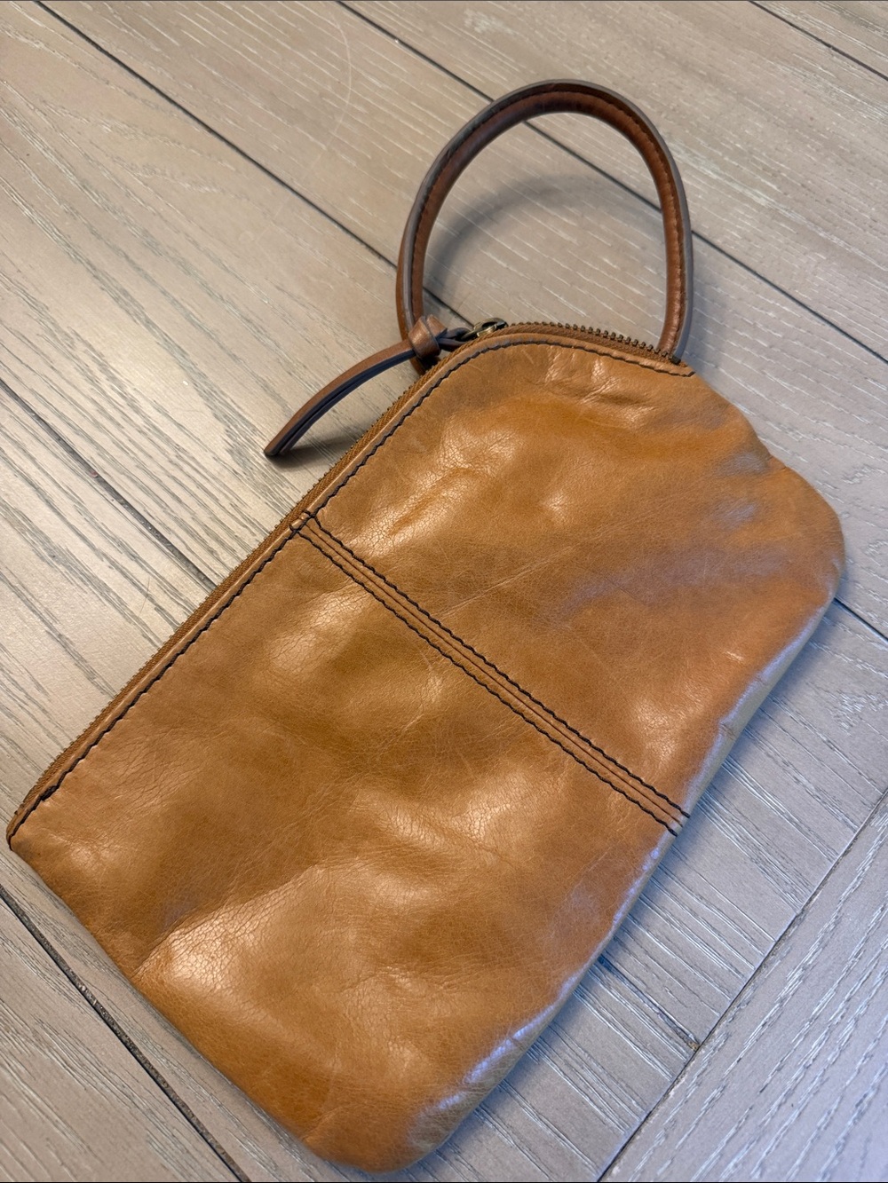 HOBO Leather Wristlet Clutch in Cognac